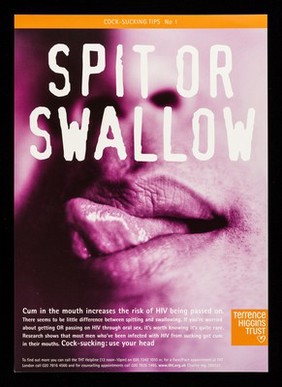 Spit or swallow : cum in the mouth increases the risk of HIV being passed on ... / Terrence Higgins Trust.