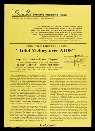Watch Lyndon LaRouche's TV show "Total victory over AIDS" at Royal Star Hotel - Room: "Skytten" ...