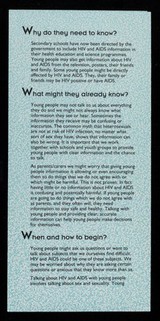 HIV&AIDS : what do we say to young people? : an information guide for parents and carers / Islington Council HIV Unit, Bloomsbury & Islington, Lewisham Education, Manchester City Council HIV AIDS Unit.