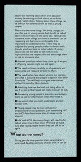 HIV&AIDS : what do we say to young people? : an information guide for parents and carers / Islington Council HIV Unit, Bloomsbury & Islington, Lewisham Education, Manchester City Council HIV AIDS Unit.