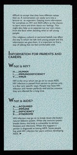 HIV&AIDS : what do we say to young people? : an information guide for parents and carers / Islington Council HIV Unit, Bloomsbury & Islington, Lewisham Education, Manchester City Council HIV AIDS Unit.