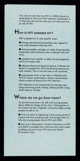 HIV&AIDS : what do we say to young people? : an information guide for parents and carers / Islington Council HIV Unit, Bloomsbury & Islington, Lewisham Education, Manchester City Council HIV AIDS Unit.