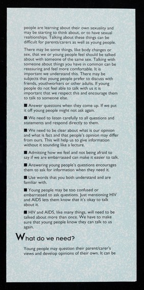 HIV&AIDS : what do we say to young people? : an information guide for parents and carers / Manchester City Council.