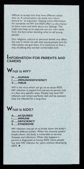 HIV&AIDS : what do we say to young people? : an information guide for parents and carers / Manchester City Council.