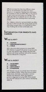 HIV&AIDS : what do we say to young people? : an information guide for parents and carers / Lewisham Education, Lewisham Social Services.