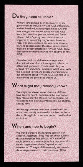 HIV&AIDS : what do we say to our children? : an information guide for parents and carers / Islington Council HIV Unit, Bloomsbury & Islington, Lewisham Education, Manchester City Council HIV AIDS Unit.