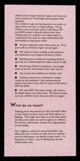 HIV&AIDS : what do we say to our children? : an information guide for parents and carers / Islington Council HIV Unit, Bloomsbury & Islington, Lewisham Education, Manchester City Council HIV AIDS Unit.