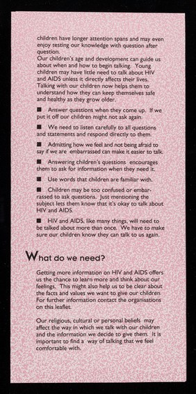 HIV&AIDS : what do we say to our children? : an information guide for parents and carers / Islington Council HIV Unit, Bloomsbury & Islington, Lewisham Education, Manchester City Council HIV AIDS Unit.