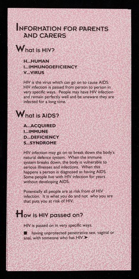 HIV&AIDS : what do we say to our children? : an information guide for parents and carers / Islington Council HIV Unit, Bloomsbury & Islington, Lewisham Education, Manchester City Council HIV AIDS Unit.