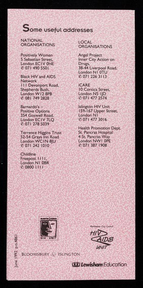 HIV&AIDS : what do we say to our children? : an information guide for parents and carers / Islington Council HIV Unit, Bloomsbury & Islington, Lewisham Education, Manchester City Council HIV AIDS Unit.