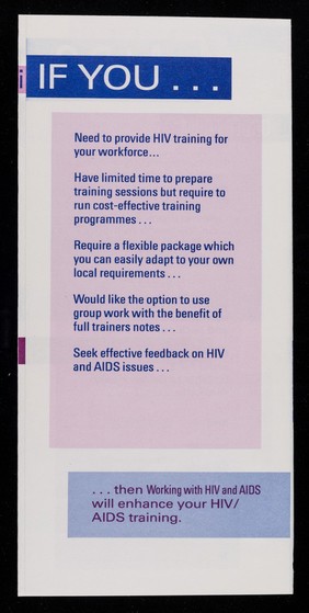 Working with HIV and AIDS : a training manual for NHS staff / Health Promotion Services, Bexley Health Authority.