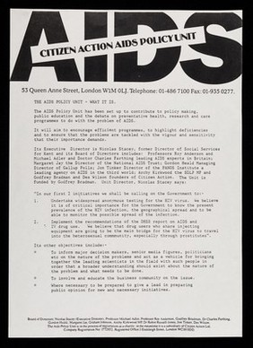 AIDS : Citizen Action AIDS Policy Unit, 53 Queen Anne Street, London W1M 0LJ ... : the AIDS Policy Unit - what it is.