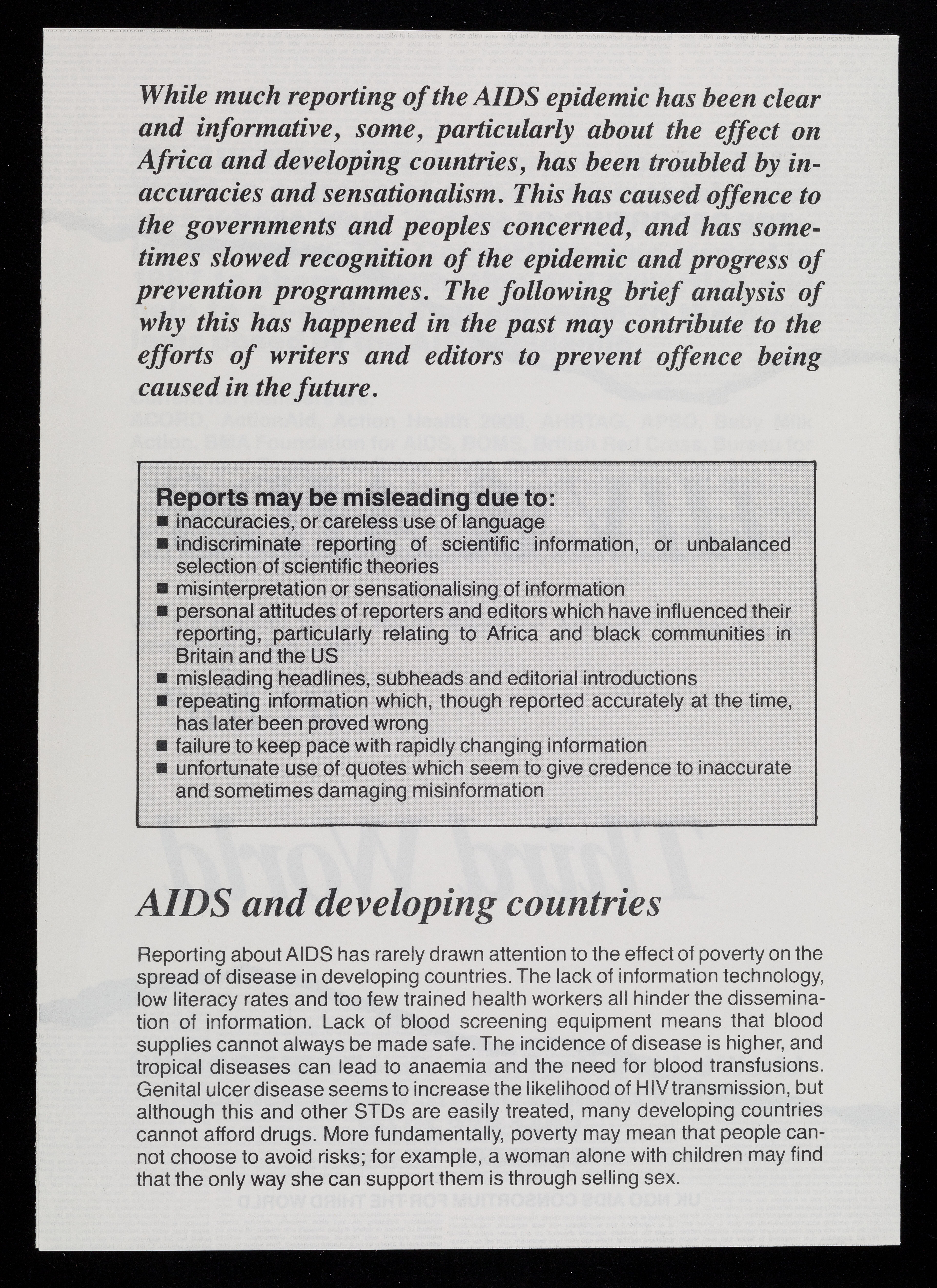 The reporting of HIV & AIDS in the Third World / UK NGO AIDS Consortium for the Third World.