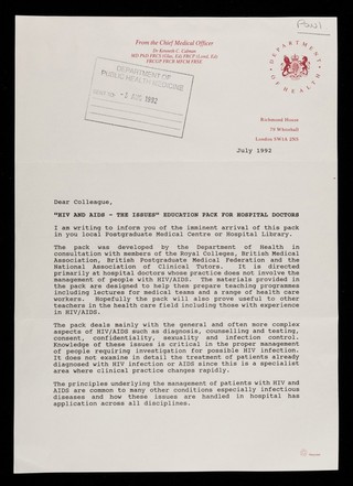 From the Chief Medical Officer, Dr. Kenneth Calman, MD PhD FRCS (Glas, ed) FRCP (Lond, Ed) FRCGHP FRCR MFCM FRSE ... HIV & AIDS, the issues : Dear Colleague, "HIV and AIDS - the issues" education pack for hospital doctors ...