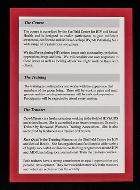 Training for trainers : a 3-module non-residential course to enable professionals to develop HIV training for a wide range of organisations and groups / organised by Sheffield Centre for HIV and Sexual Health.