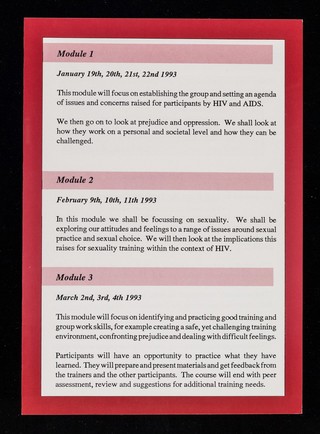 Training for trainers : a 3-module non-residential course to enable professionals to develop HIV training for a wide range of organisations and groups / organised by Sheffield Centre for HIV and Sexual Health.