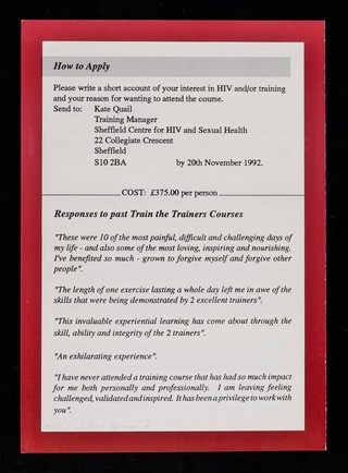 Training for trainers : a 3-module non-residential course to enable professionals to develop HIV training for a wide range of organisations and groups / organised by Sheffield Centre for HIV and Sexual Health.