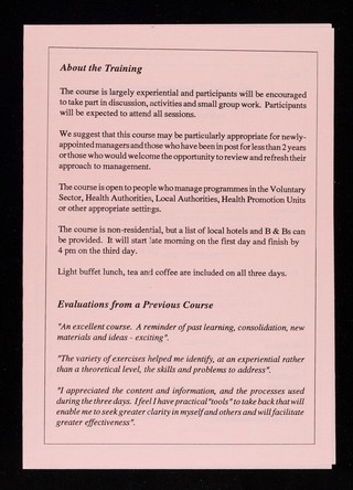 Management skills for HIV prevention work, what's so special? : a two and a half day non-residential course / Sheffield Centre for HIV and Sexual Health.