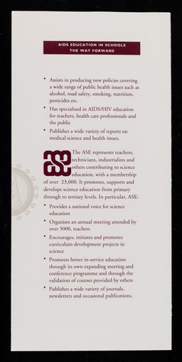 AIDS education in schools, the way forward : The Wellcome Trust, 183 Euston Road, London, NW1 2BE, 8th May 1993.