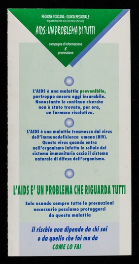 AIDS : un problema di tutti / Regione Toscana, Giunta Regionale, Dipartamento Sicurezza Sociale, camapgna d'informazione e prevenzione.