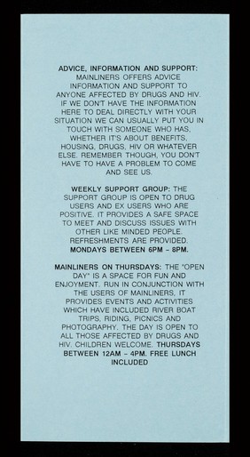 Mainliners : working with and for drug users affected by HIV : 205 Stockwell Road, London SW9 9SL / Mainliners Ltd.