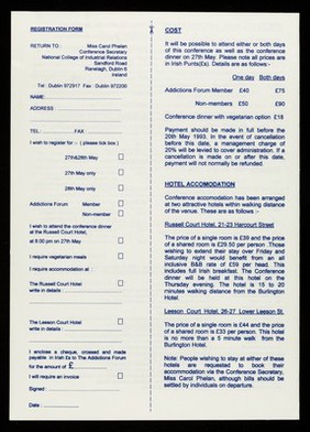 The Addictions Forum in association with The National College of industrial Relations present an international conference on alcohol drugs & HIV : 27th and 28th May 1993 at the Burlington Hotel Dublin 4.