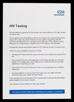 HIV testing : all new patients registering at this practice are being offered an HIV test as part of routine care ...  / NHS Lewisham.