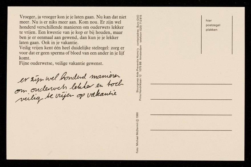 Ouderwets lekker en toch veilig op vakantie : safe sex / Stuurgroep Aids Preventie Homo's ; foto: Michael McDermit.