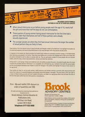 Three new leaflets from Brook promote the double Dutch method of safer sex / Brook Advisory Centres.