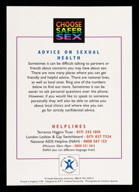 Choose safer sex : advice on sexual health / Health Education Authority ; photography by Cameron Spencer.