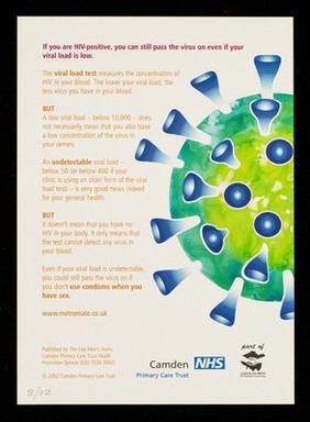 Low viral load doesn't mean no risk : if you are HIV-positivve, you can still pass the virus on even if your viral load is low / Gay Men's Team, Camden Primary Care Trust Health Promotion Service.