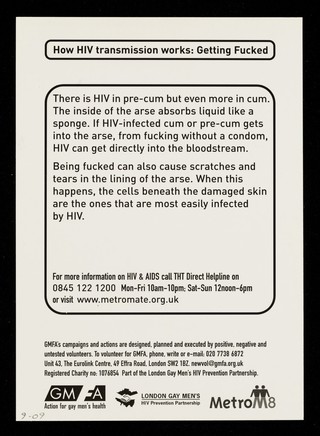 How HIV transmission works: getting fucked : fluids were a matter of some concern for Howard / GMFA, London Gay Men's HIV Prevention Partnership, MetroM8.