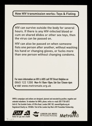 How HIV transmission works: toys & fisting : Howard hadn't realised what kind of party it was going to be / GMFA, London Gay Men's HIV Prevention Partnership, MetroM8.