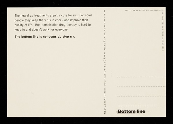 Condoms / lube : the best combination therapy / New Zealand AIDS Foundation ; photography Mariano Vivanco.