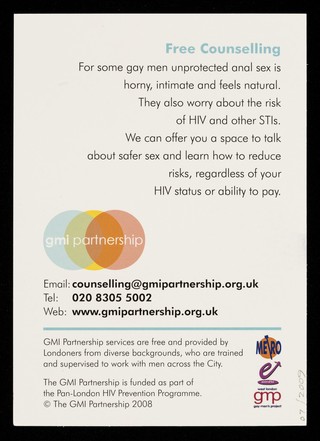 Relationships, condoms, safer sex, unsafe anal sex, you : free counselling / GMI Partnership.
