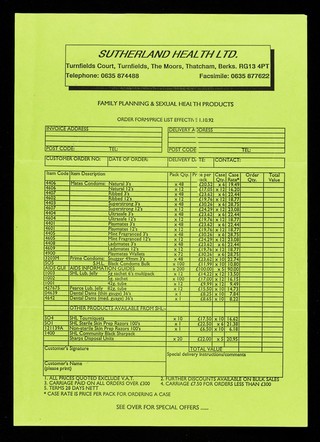 Family planning & sexual health products : order form/price list effective 1.10.92 / Sutherland Health Ltd.