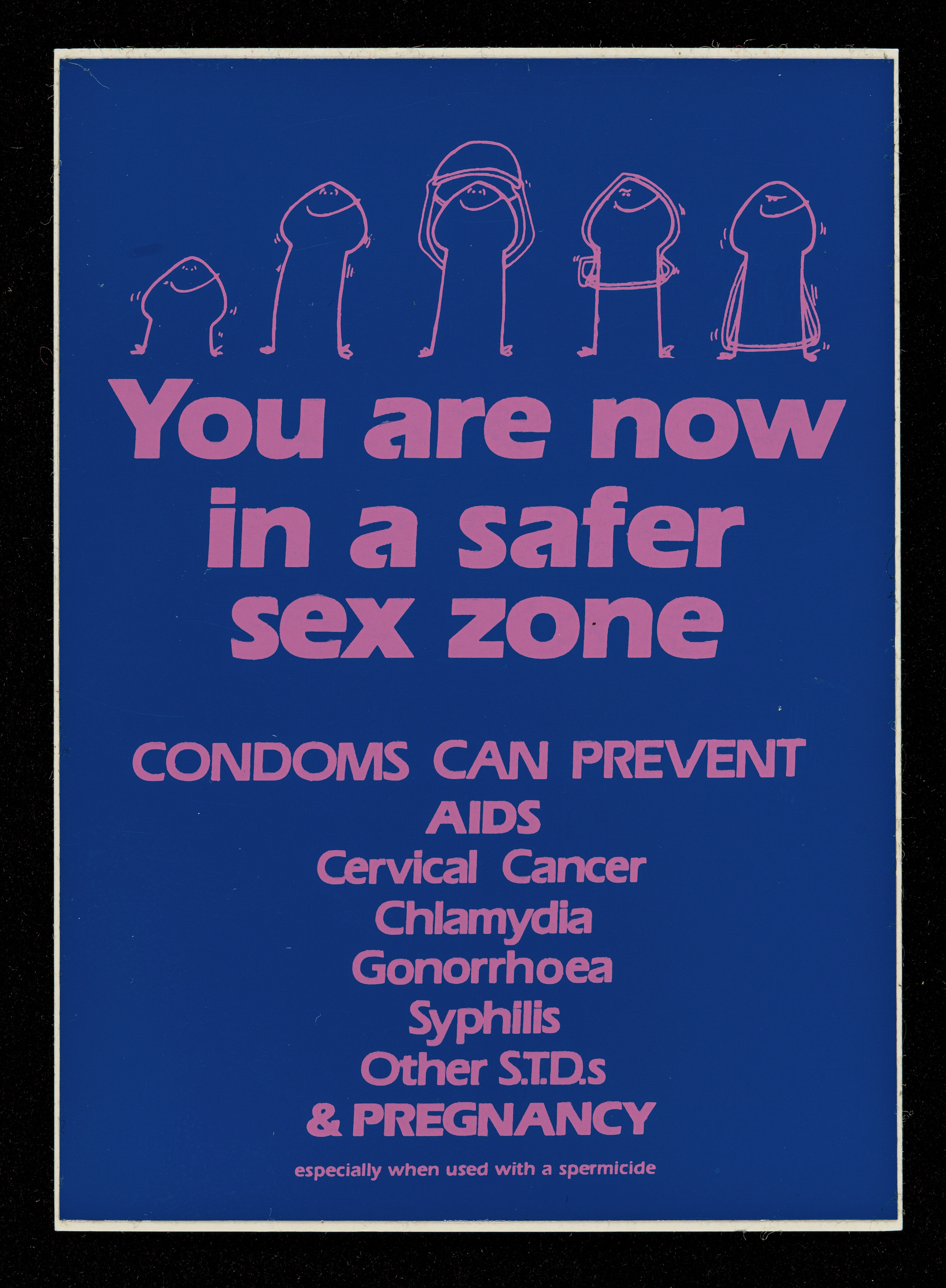 You are now in a safer sex zone : condoms can prevent AIDS, cervical cancer, chlamydia, gonorrhoea, syphilis, other S.T.D.s & pregnancy.