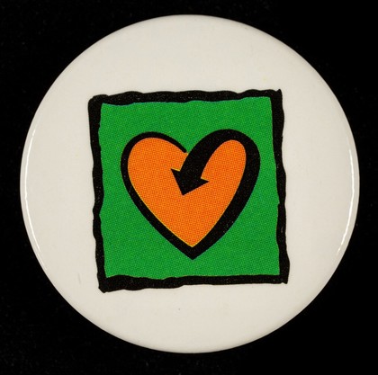 Not suitable for children under 3 years of age - sharp point present : [Terrence Higgins Trust 'heart/arrow' symbol badge : orange heart on green square].