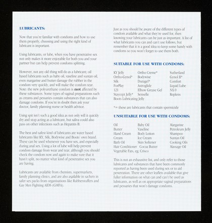 Condoms & lube : a users guide / Kensington & Chelsea and Westminster Health Authority, Department of Health Promotion & Professional Advice, HIV / Sexual Health Team ; illustrations - Olivier Tossan.