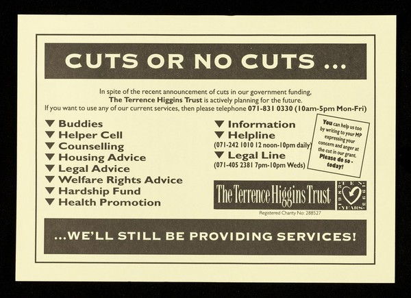 Cuts or no cuts... : ...we'll still be providing services ... making informed choices, the Trust's position regarding Zidovudine (AZT) / The Terrence Higgins Trust.