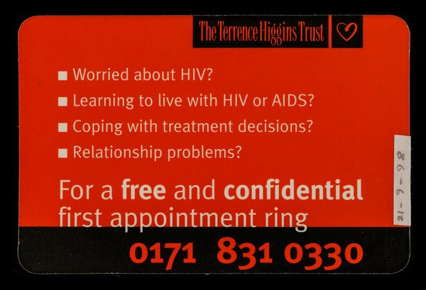 Counselling at THT is about someone to talk to : if HIV or AIDS are affecting you or the people you care about / The Terrence Higgins Trust.