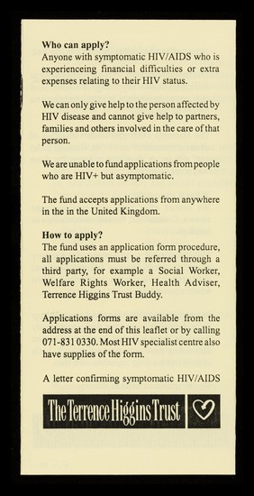 A brief guide to the Terrence Higgins Trust hardship fund / Terrence Higgins Trust.