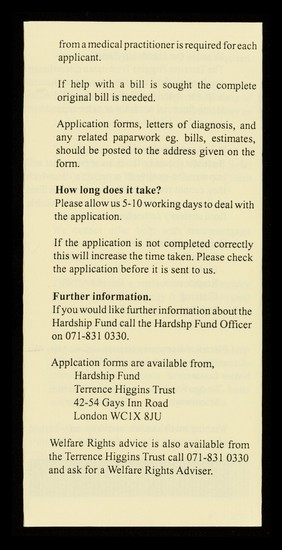 A brief guide to the Terrence Higgins Trust hardship fund / Terrence Higgins Trust.