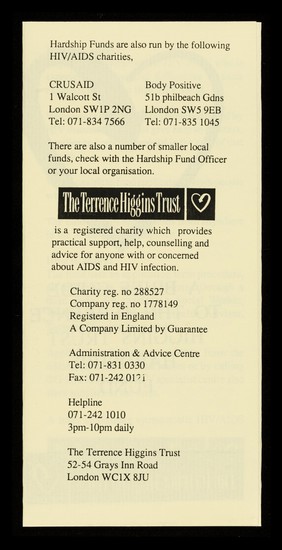 A brief guide to the Terrence Higgins Trust hardship fund / Terrence Higgins Trust.