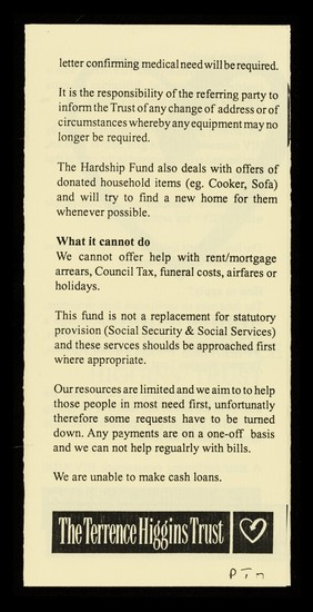 A brief guide to the Terrence Higgins Trust hardship fund / Terrence Higgins Trust.
