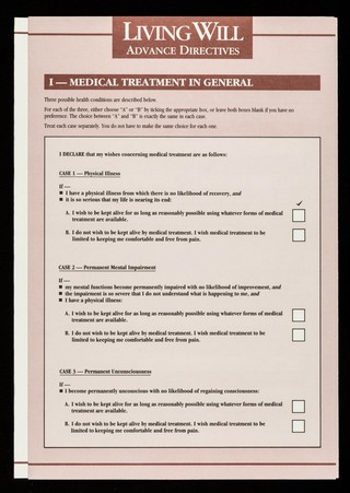 Living will : note to doctors: this living will is not intended as a substitute for discussion / Terrence Higgins Trust, King's College London, Centre of Medical Law and Ethics.