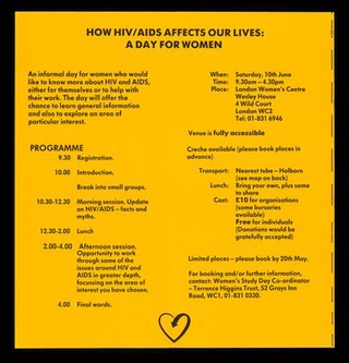 How HIV/AIDS affects our lives : a day for women : 10th June 1989, 9.30 to 4.30 ... booking form / organised by Women's Group, The Terrence Higgins Trust.