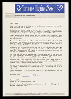 Dear Friend, I have the privilege of inviting you to an important theatrical event and I'm sure you won't want to miss it ...  / Sir John Gielgud, Patron of the Terrence Higgins Trust.