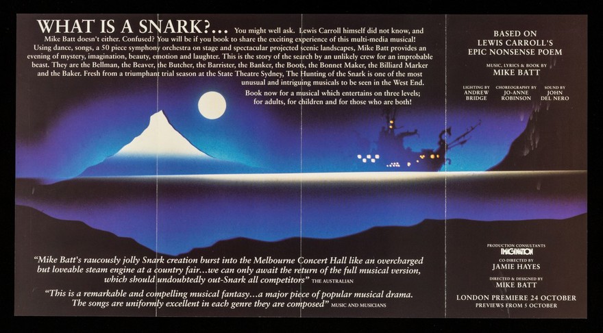 A musical journey into the imagination... : Mike Batt's The Hunting of the Snark, the musical / Prince Edward Theatre ; painting by Patrick Woodroffe ; background graphics by Mike Batt.