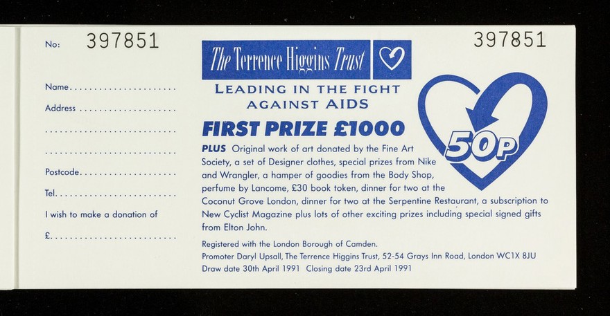 National raffle / The Terrence Higgins Trust, leading in the fight against AIDS.